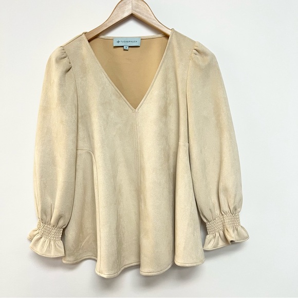 Tuckernuck Easton Blouse Bone Suede Puff Sleeve Flowy Shirt Small $128 - Picture 5 of 11